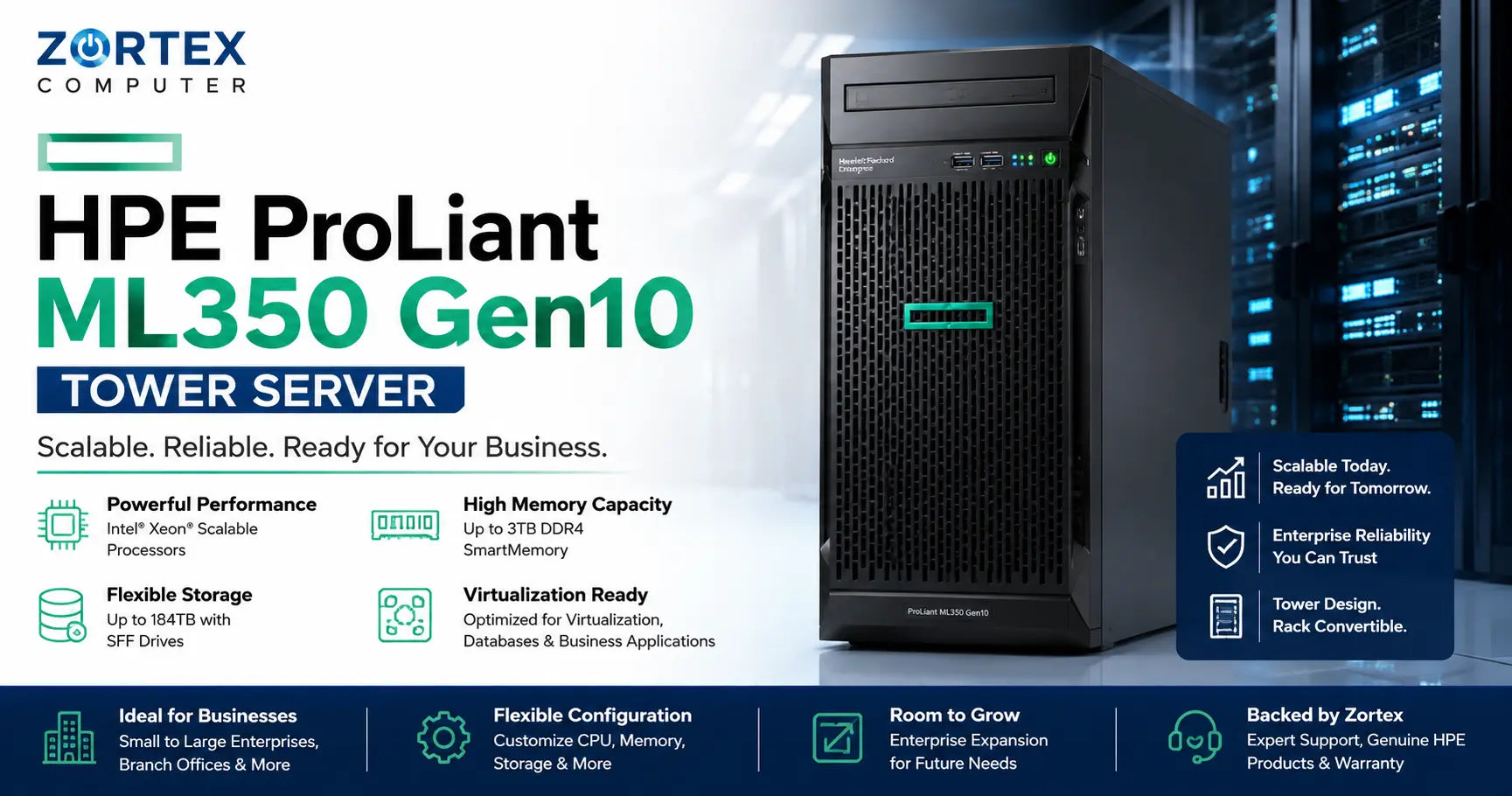 HPE ProLiant ML350 Gen10 Tower Server for business, virtualization, and enterprise workloads