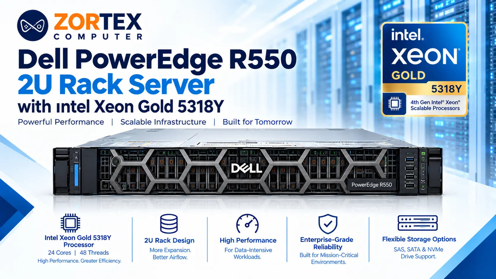 Dell R550 2U rack server with Intel Xeon Gold 5318Y