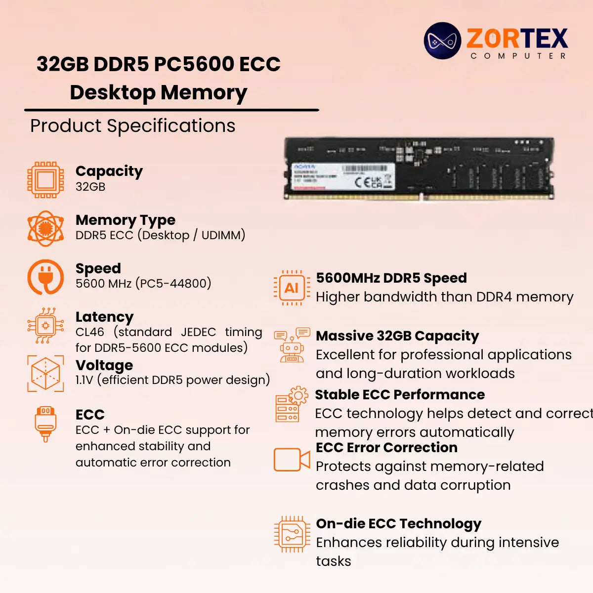 ZION Gold 32GB DDR5 5600MHz ECC Desktop RAM