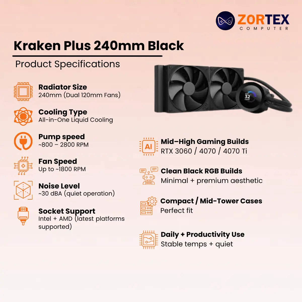 NZXT Kraken Plus 240 Black CPU Liquid Cooler