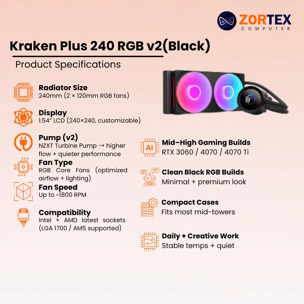 NZXT Kraken Plus 240 RGB V2 Black CPU Liquid Cooler