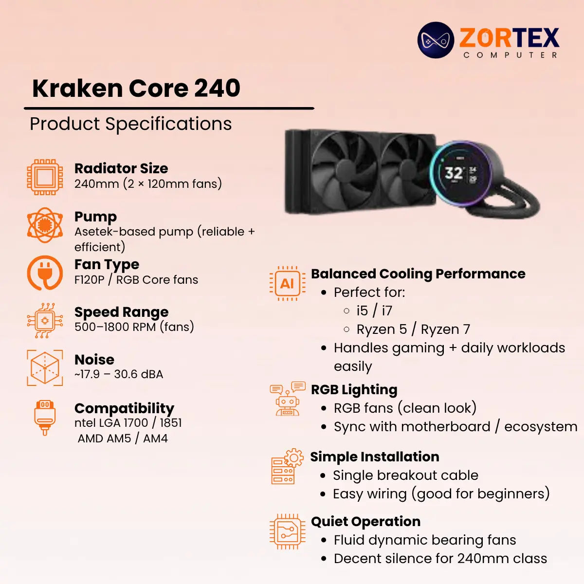 NZXT Kraken Core 240 CPU Liquid Cooler