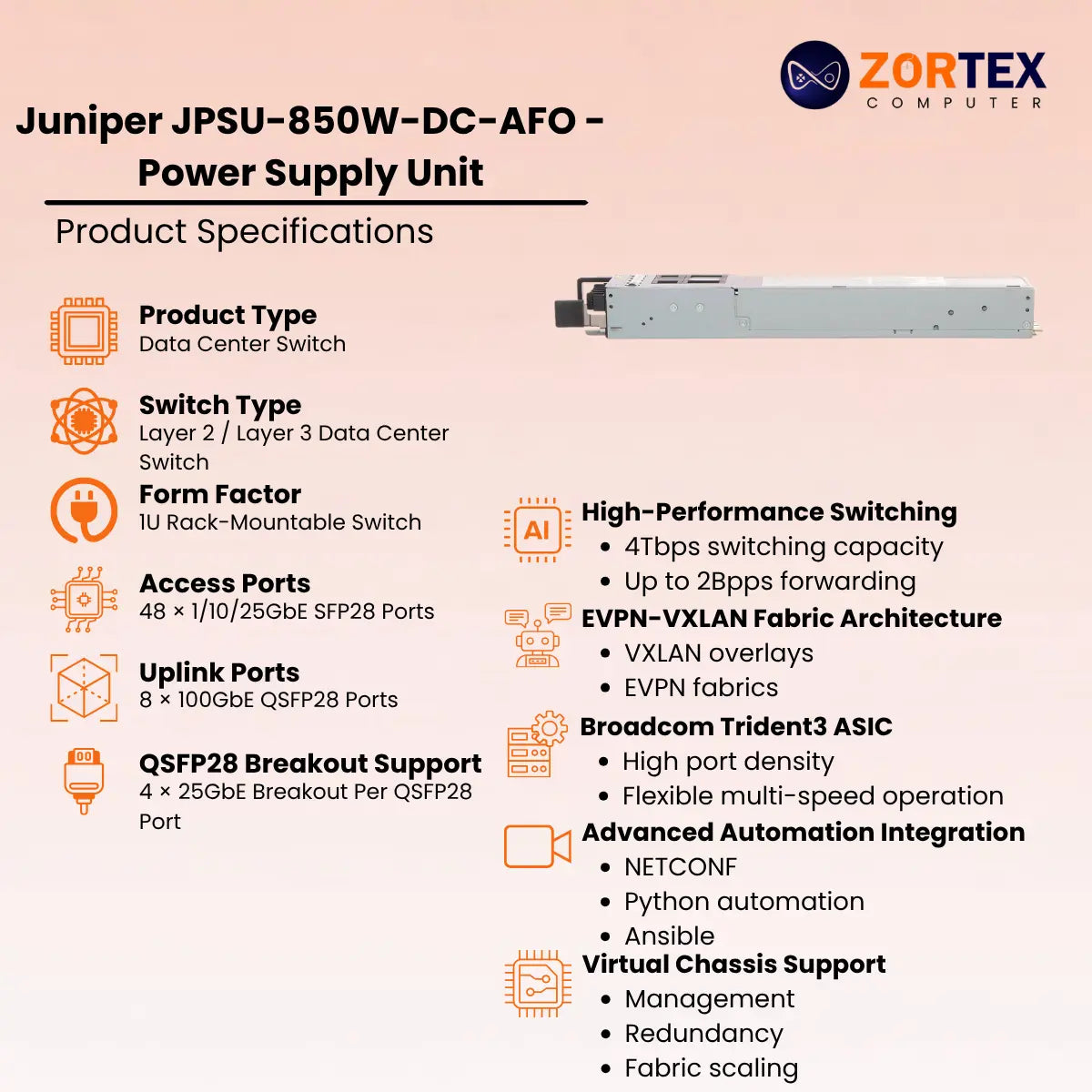 Juniper JPSU-850W-DC-AFO - Power Supply Unit