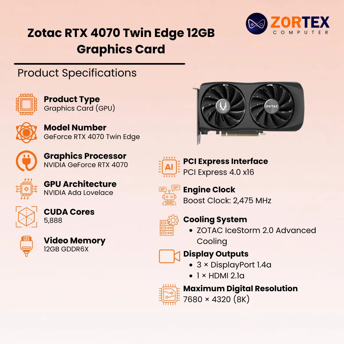 Zotac RTX 4070 Twin Edge 12GB Graphics Card ZT-D40700E-10M