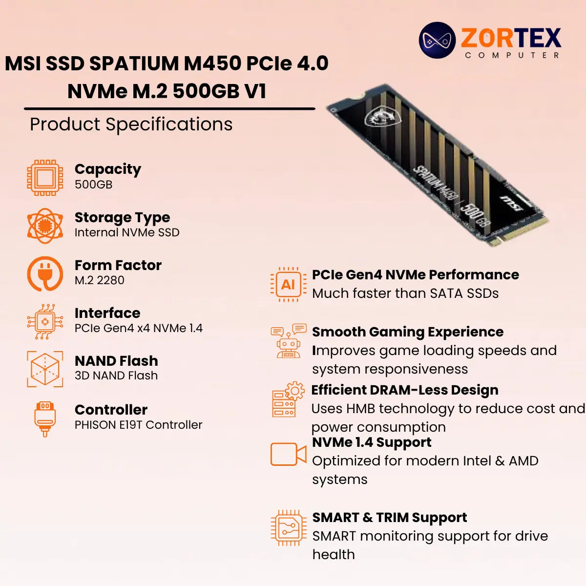 MSI SPATIUM M450 500GB PCIe 4.0 NVMe M.2 SSD