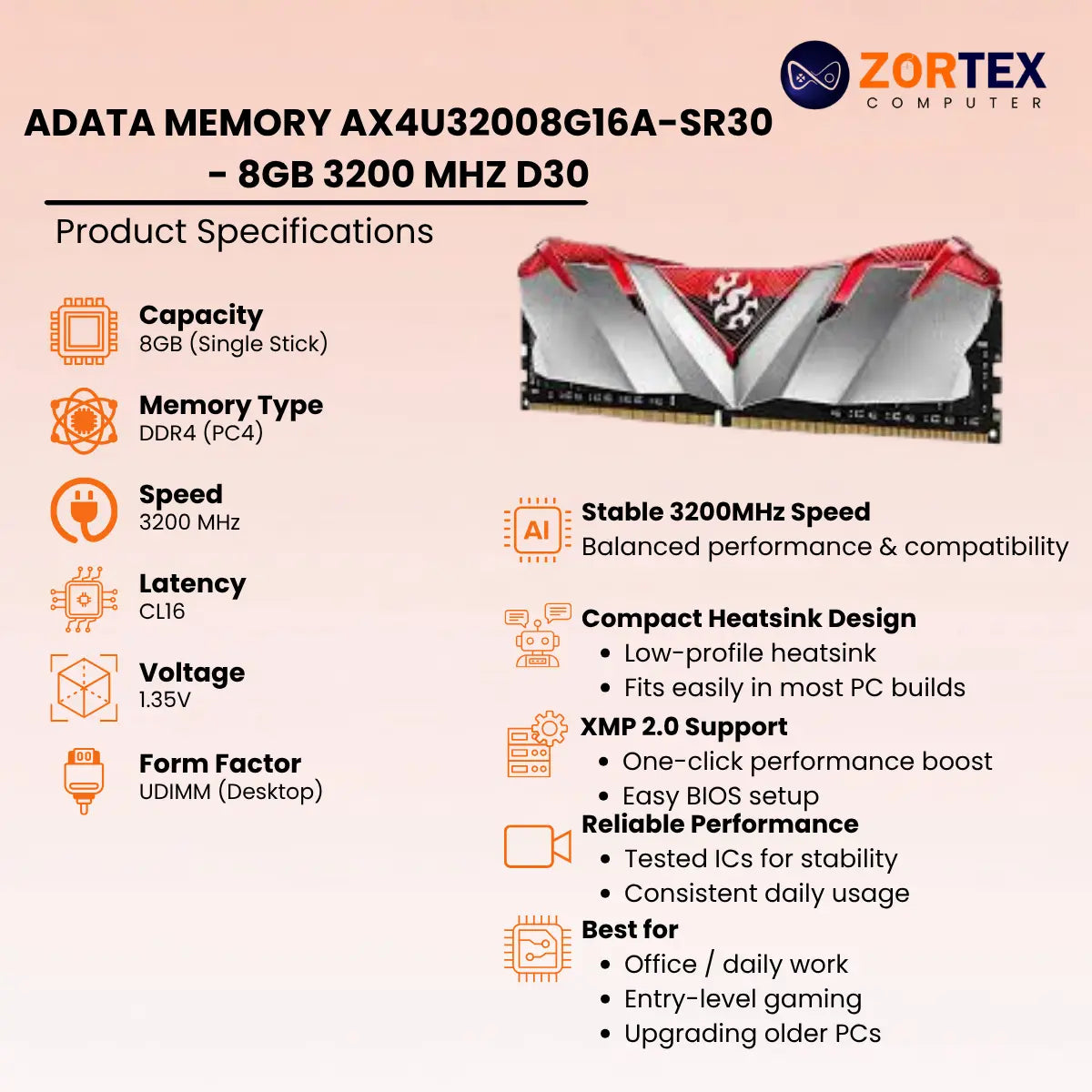 ADATA MEMORY AX4U32008G16A-SR30 - 8GB 3200 MHZ D30