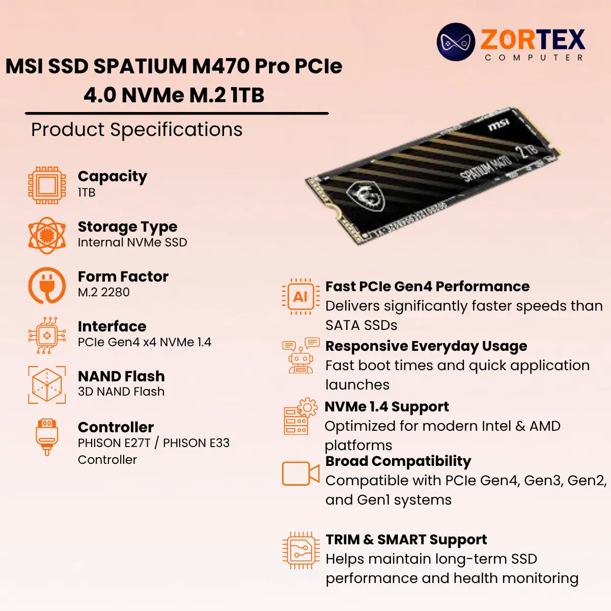MSI SPATIUM M470 PRO 1TB PCIe 4.0 NVMe M.2 SSD