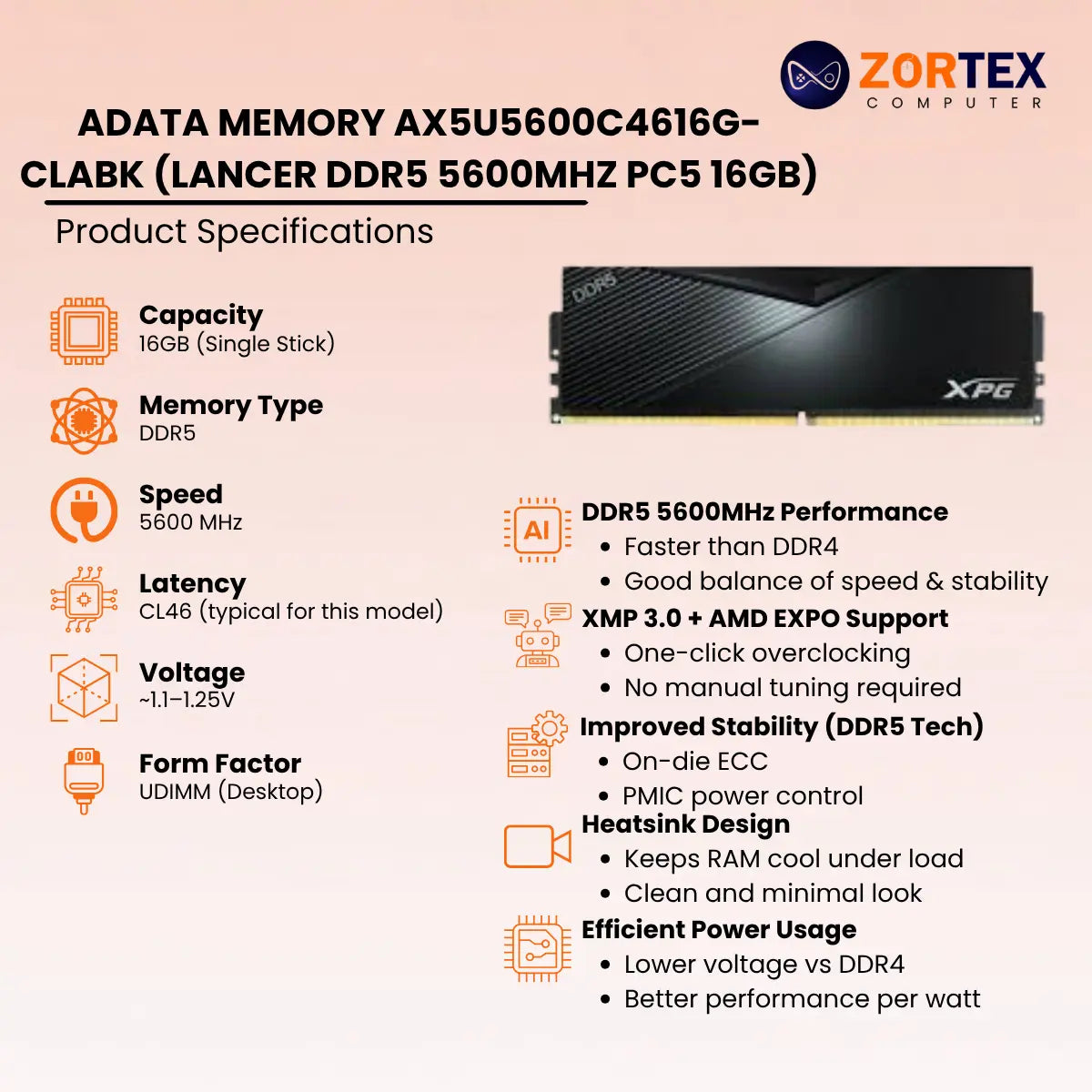 ADATA MEMORY AX5U5600C4616G-CLABK (LANCER DDR5 5600MHZ PC5 16GB)