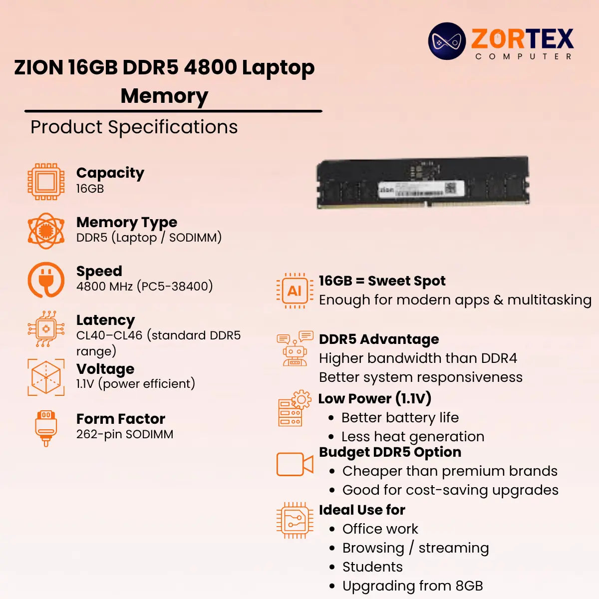 ZION 16GB DDR5 4800 Laptop Memory