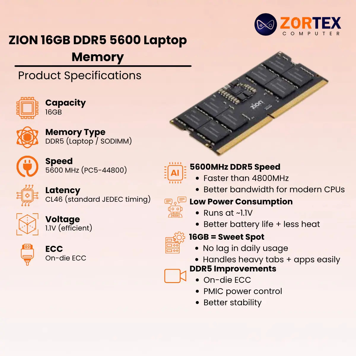 ZION 16GB DDR5 5600 Laptop Memory