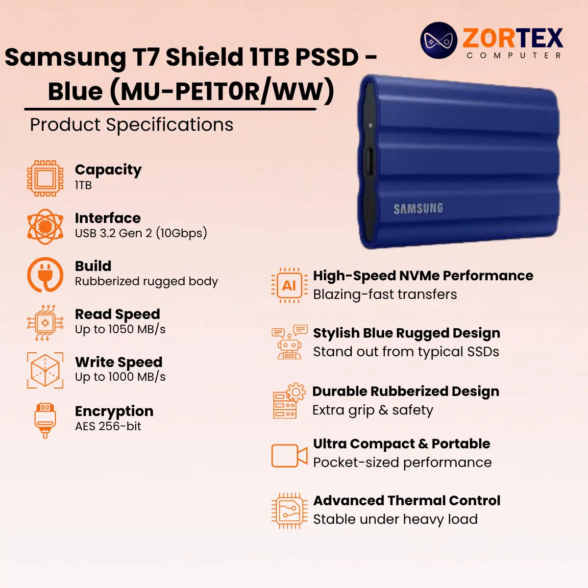 Samsung T7 Shield 1TB PSSD - Blue (MU-PE1T0R/WW)