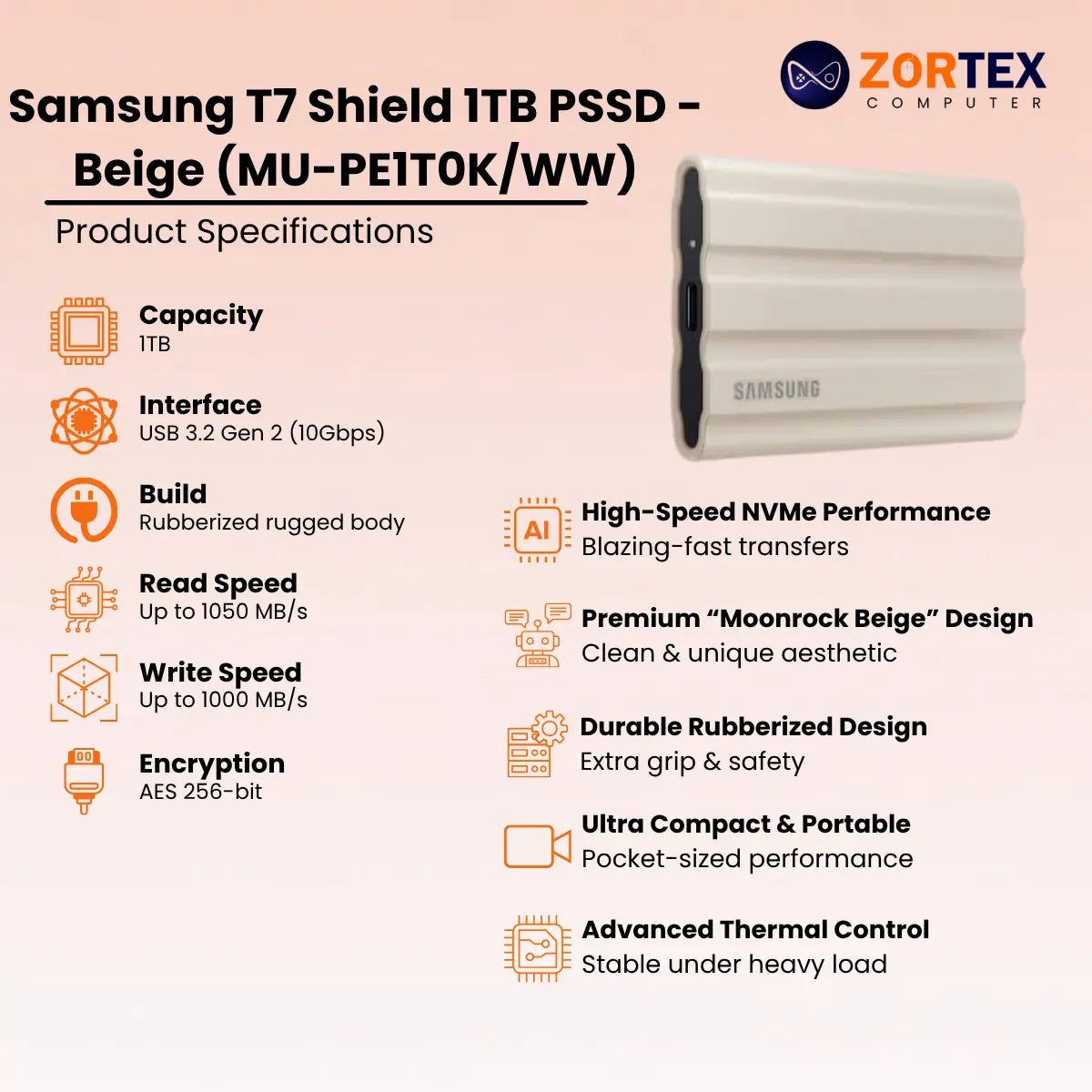 Samsung T7 Shield 1TB PSSD - Beige (MU-PE1T0K/WW)