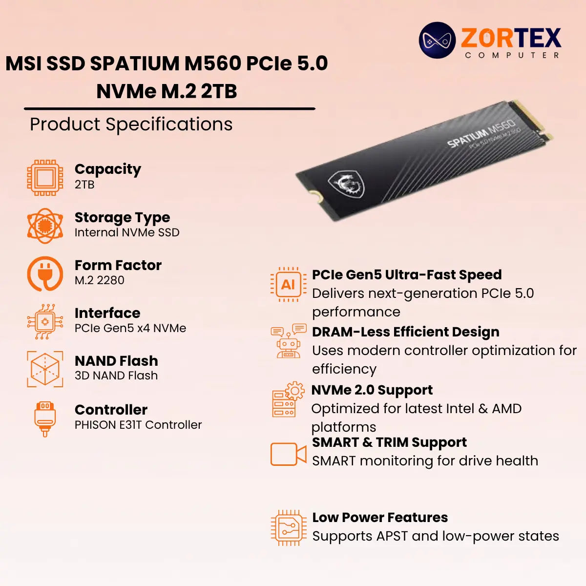 MSI SPATIUM M560 2TB PCIe 5.0 NVMe M.2 SSD