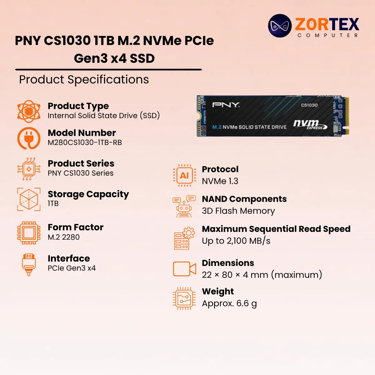 PNY CS1030 1TB M.2 NVMe PCIe Gen3 x4 SSD