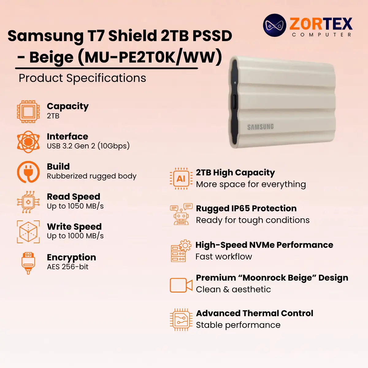 Samsung T7 Shield 2TB PSSD - Beige (MU-PE2T0K/WW)