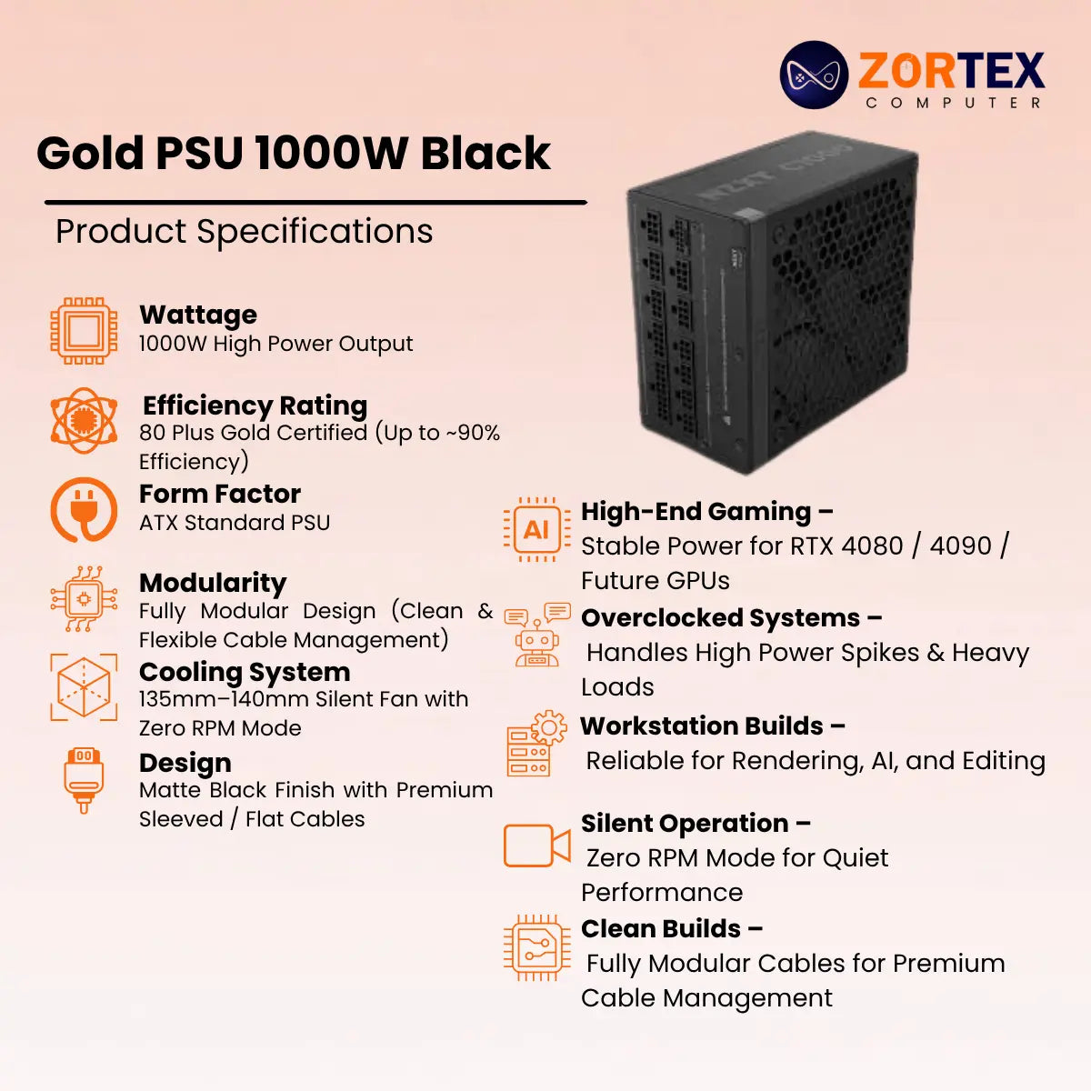 NZXT Gold PSU 1000W Black Power Supply