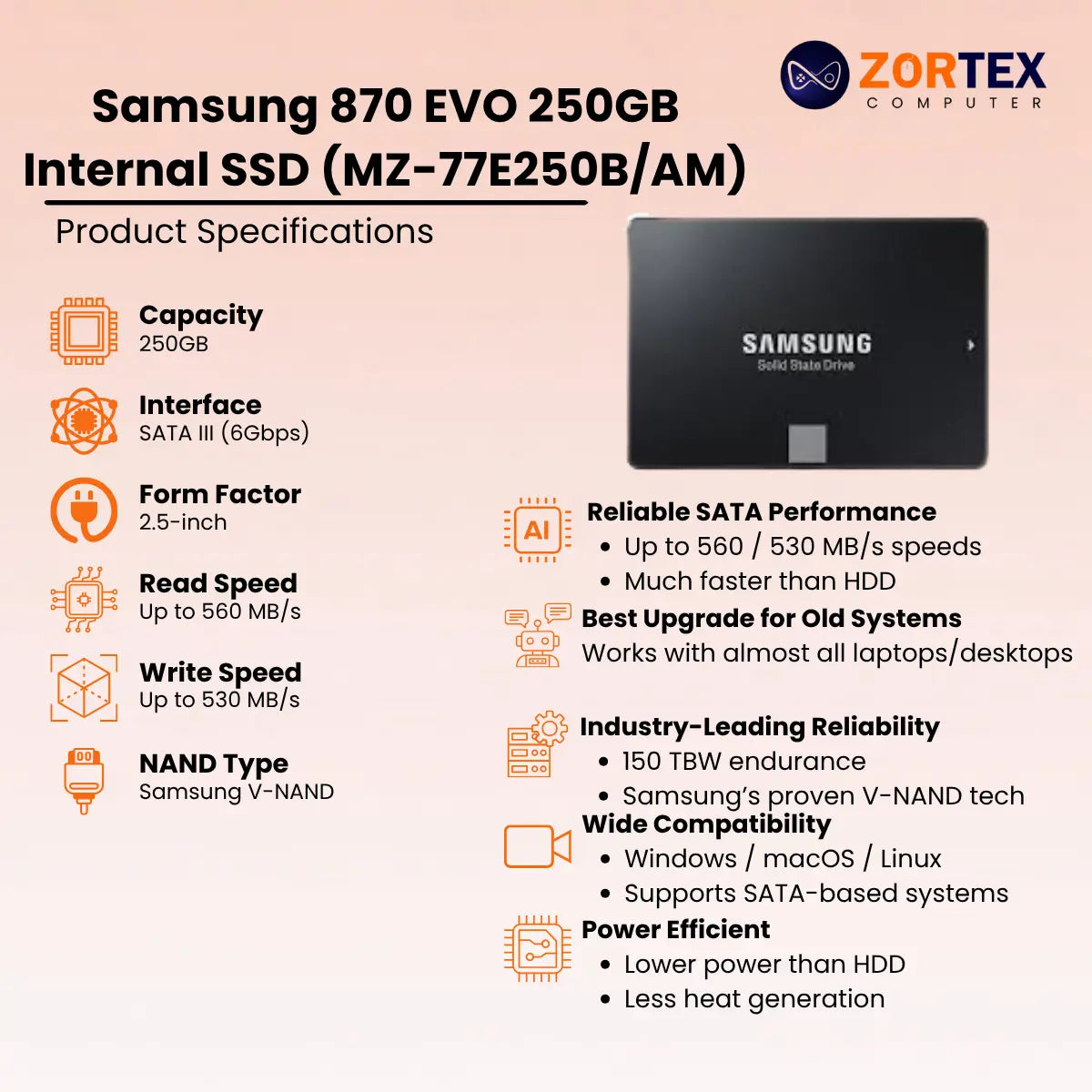 Samsung 870 EVO 250GB Internal SSD (MZ-77E250B/AM)