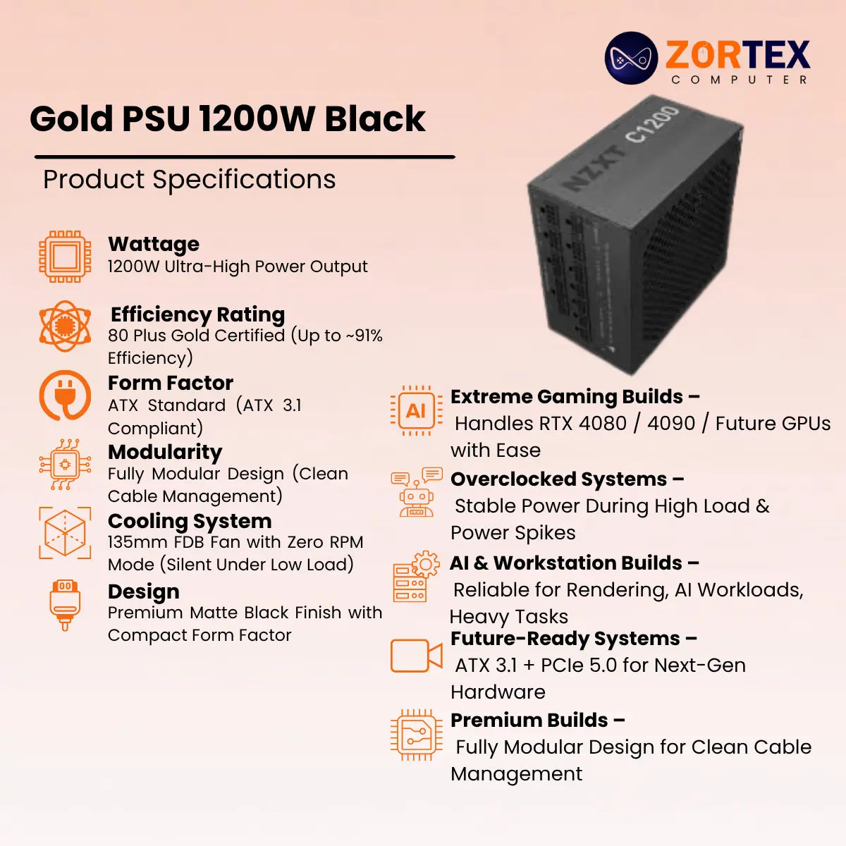 NZXT Gold PSU 1200W Black Power Supply