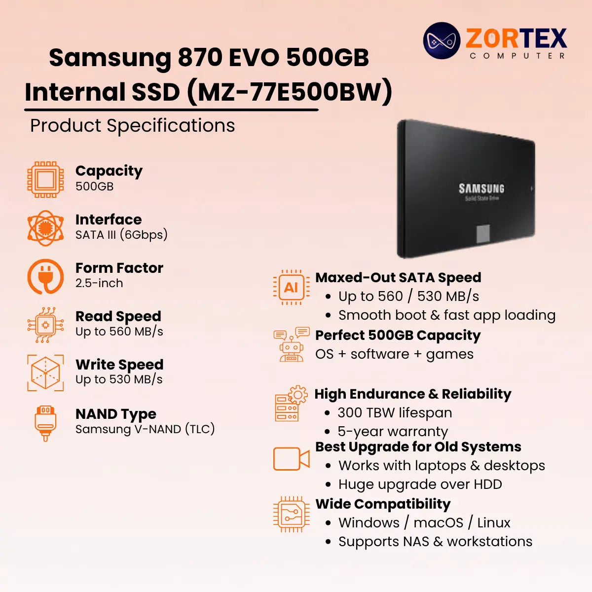 Samsung 870 EVO 500GB Internal SSD (MZ-77E500BW)
