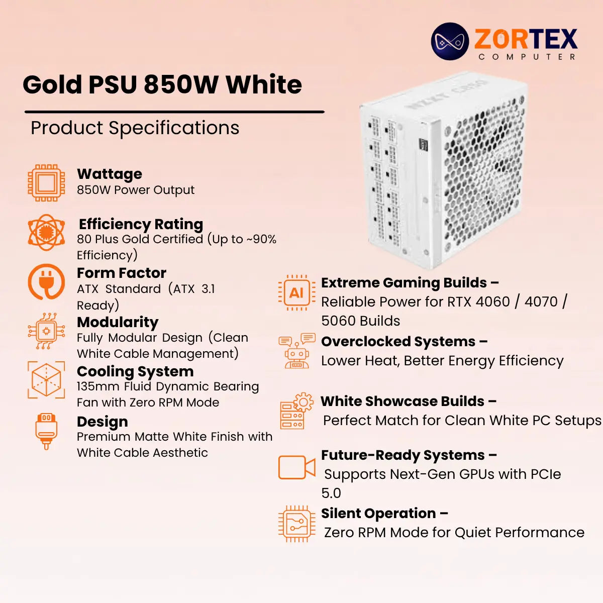 NZXT Gold PSU 850W White Power Supply