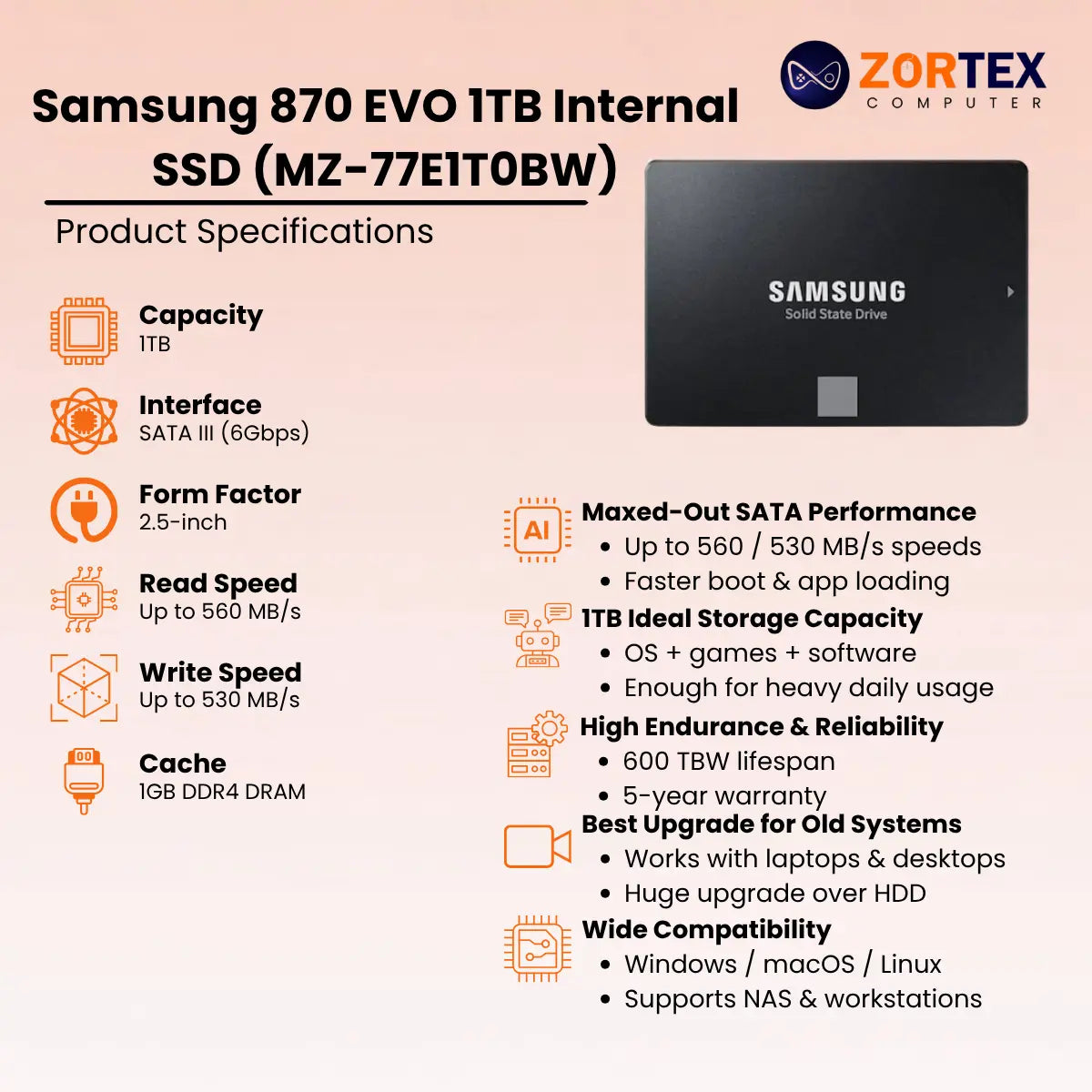 Samsung 870 EVO 1TB Internal SSD (MZ-77E1T0BW)