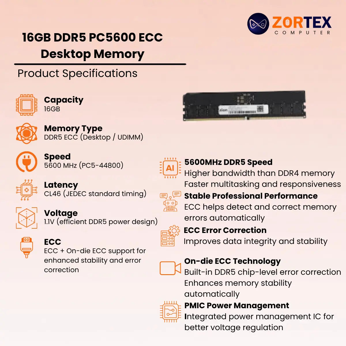 ZION Gold 16GB DDR5 4800MHz ECC Desktop RAM