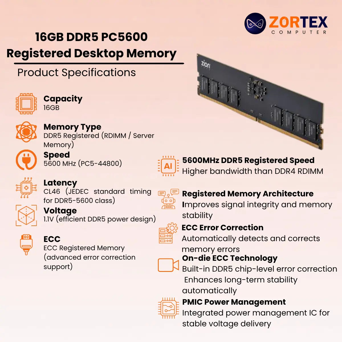 ZION Gold 16GB DDR5 5600MHz Registered Desktop RAM
