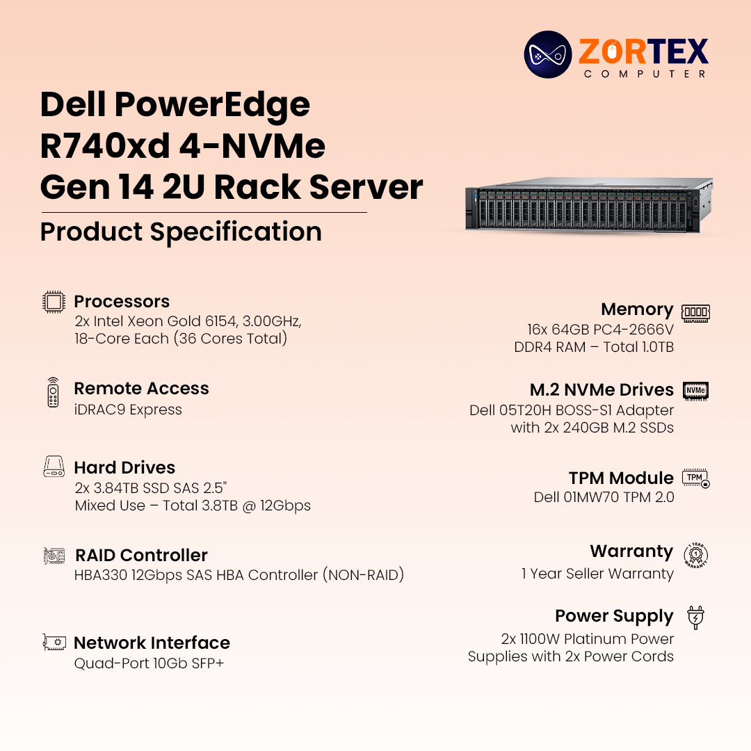 Dell PowerEdge R740xd 4-NVMe Gen 14 2U Rack Server