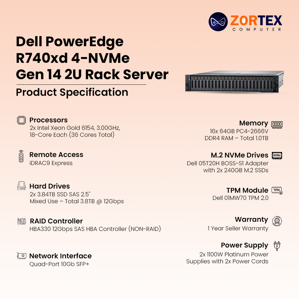 Dell PowerEdge R740xd 4-NVMe Gen 14 2U Rack Server
