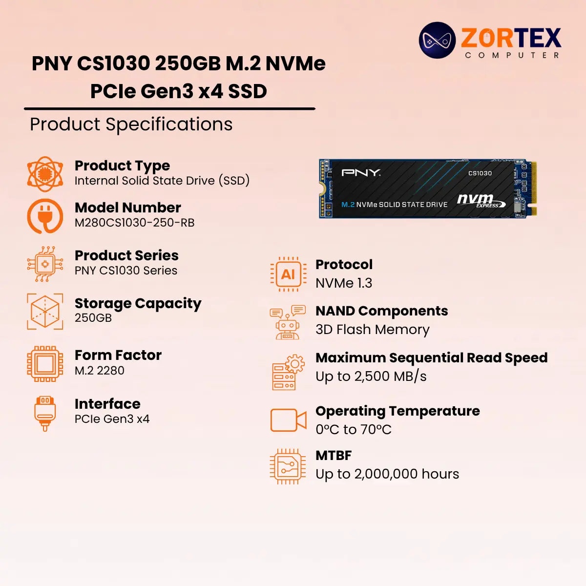 PNY CS1030 250GB M.2 NVMe PCIe Gen3 x4 SSD