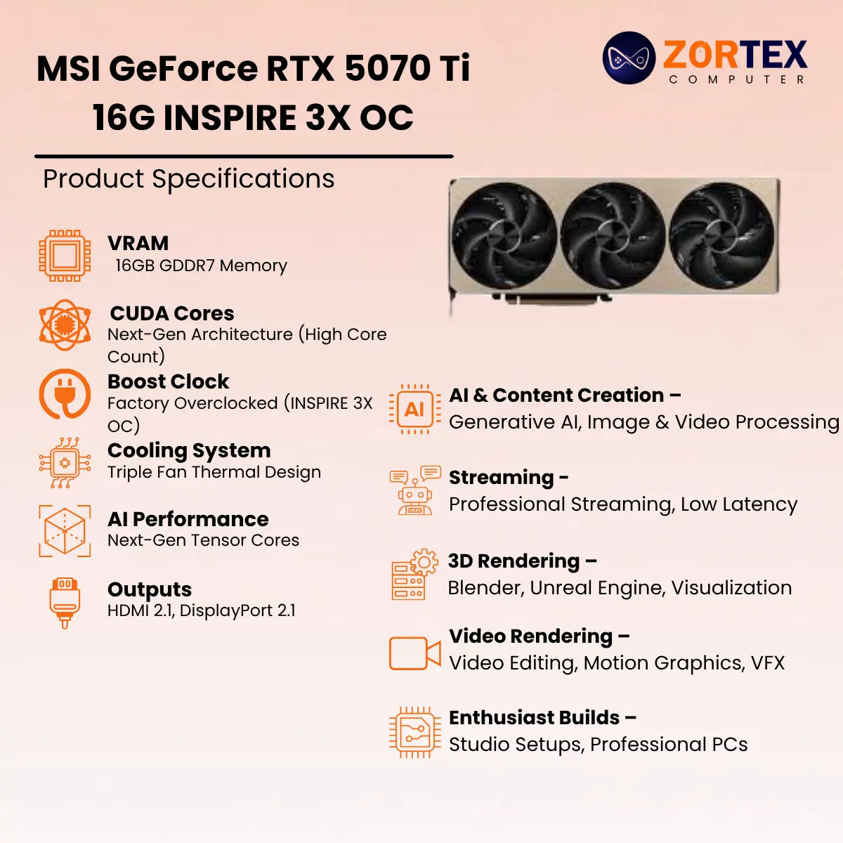 MSI GeForce RTX 5070 Ti 16G Inspire 3X OC Price in India | Zortex Computer